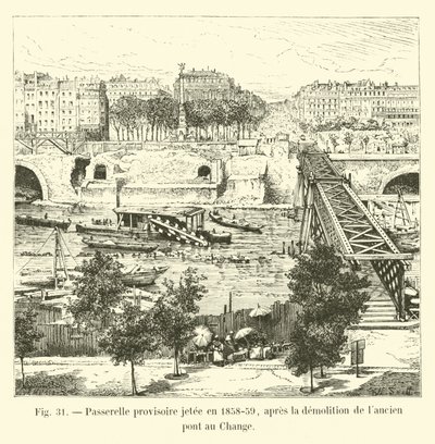 चेंज में पुराने पुल के विध्वंस के बाद 1858-59 में अस्थायी फुटब्रिज को फेंक दिया गया द्वारा फ्रेंच स्कूल