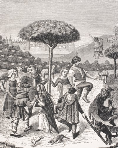 पॉल लेक्रिक्स (1806-84) द्वारा 1847 में प्रकाशित &39;ले मोयेन एज एट ला पुनर्जागरण&39; से 15 वीं शताब्दी की प्रार्थना पुस्तक में एक लघु अवधि के बाद, मई पर्व के किसान नृत्य द्वारा फ्रेंच स्कूल