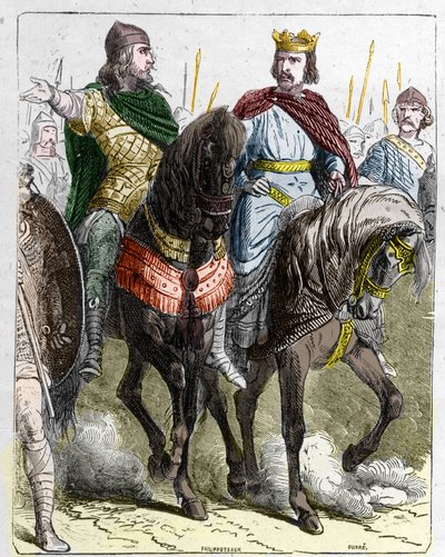 Pepin II de Herstal, जिसे Pepin le Gros या Pepin le Jeune (645-714) के नाम से जाना जाता है, 691 से 695 तक फ़्रैंक के राजा क्लोविस III के साथ। द्वारा फ्रेंच स्कूल