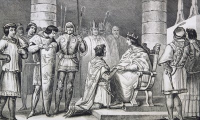 फिलिप VI (1293-1350) डी वाल्इस इंग्लैंड के एडवर्ड III (1312-77) को श्रद्धांजलि देते हैं लेकिन केवल कोलतार द्वारा &39;हिस्टोइरे डी फ्रांस&39; से एक्वायटाइन के ड्यूक के रूप में प्रकाशित, c.1840 प्रकाशित द्वारा फ्रेंच स्कूल