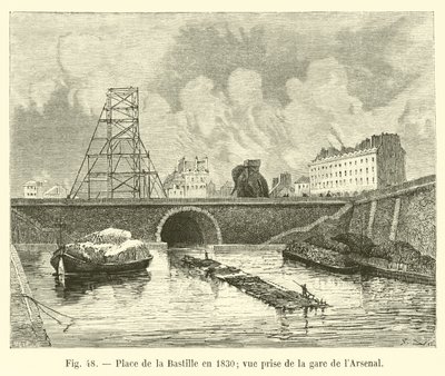 1830 में प्लेस डे ला बैस्टिल, स्टेशन आर्सेनल से लिया गया दृश्य द्वारा फ्रेंच स्कूल