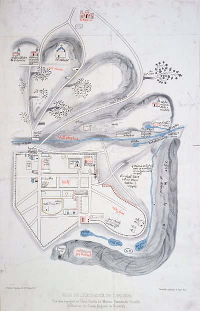 1308 में यरूशलेम के योजना, मैरिनो Sanuto देवताओं Torcello द्वारा पवित्र भूमि के लिए अभियान (c.1260-1338) की एक प्रतिकृति संस्करण से द्वारा फ्रेंच स्कूल