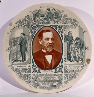 पियरे पेटिट (1832-1909) द्वारा लुई पाश्चर (1822-95) की तस्वीर वाली प्लेट, और उनके जीवन के दृश्य द्वारा फ्रेंच स्कूल