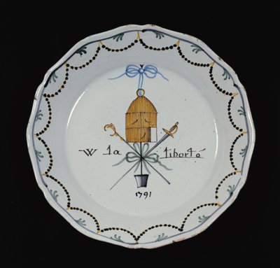 एक खुले पक्षी के पिंजरे के साथ प्लेट और किंवदंती विवे ला लिबर्टे, 1791 (सिरेमिक) द्वारा फ्रेंच स्कूल