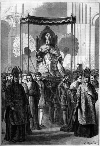 पोप पायस IX (1792-1878) 1861 में पाम संडे के दिन रोम (इटली) में सेंट पीटर के चर्च में जुलूस के साथ ले जाते हैं। 13 अप्रैल 1861 के n°209 में "" ले मोंडे इलस्ट्रे" में उत्कीर्णन। द्वारा फ्रेंच स्कूल
