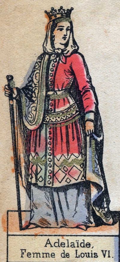 फ्रांस के लुई VI की पत्नी एडेल डी सावोई (एलिक्स या एडिलेड डी मौरिएन) (सीए। 1100-1154) का पोर्ट्रेट। (कैपेटियन राजवंश)। 19 वीं सदी के अंत में चित्रण। द्वारा फ्रेंच स्कूल