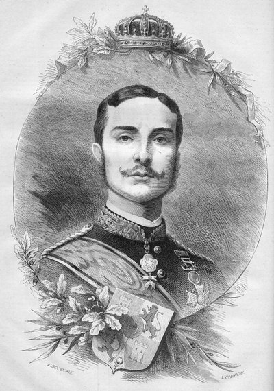 अल्फोंसो XII (अल्फोन्सो) (1857-1885), स्पेन के राजा का पोर्ट्रेट। 19 जनवरी 1878 के "" ले मोंडे इलस्ट्र्रे "" n ° 1085 में उत्कीर्णन। द्वारा फ्रेंच स्कूल