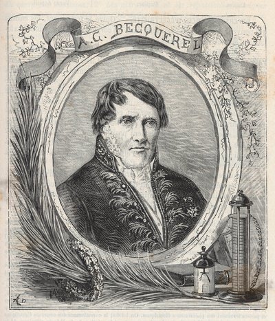 एंटोनी सीजर बेकरेल (1788-1878) का पोर्ट्रेट, फ्रांसीसी भौतिक विज्ञानी - एलेक्सिस क्लर्क द्वारा "विज्ञान ए ला ग्रेटेट डे टूस - लोकप्रिय भौतिकी एट चिमी" में उत्कीर्णन - 19 वीं शताब्दी का अंत - निजी संग्रह द्वारा फ्रेंच स्कूल