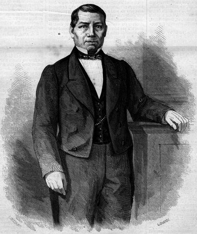बेनिटो पाब्लो जुआरेज़ गार्सिया का पोर्ट्रेट (1806-1872), मैक्सिकन राजनीतिज्ञ। 14 जून 1862 के "" ले मोंडे इलस्ट्र्रे "" एन ° 270 में उत्कीर्णन। द्वारा फ्रेंच स्कूल