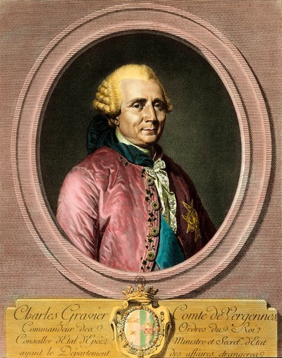चार्ल्स ग्रेवियर का पोर्ट्रेट, काउंट ऑफ़ वेरगेन्स (1719 - 1787)। 18 वीं शताब्दी की नक्काशी। निजि संग्रह। द्वारा फ्रेंच स्कूल
