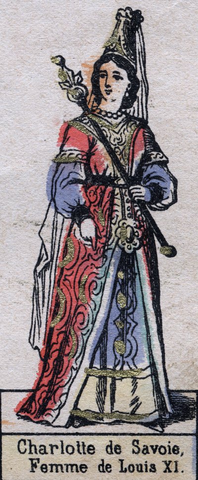 फ्रांस के लुई इलेवन की पत्नी शार्लोट डी सावोई (1440-1483) का पोर्ट्रेट। (कैपेटियन राजवंश)। 19 वीं सदी के अंत में चित्रण। द्वारा फ्रेंच स्कूल