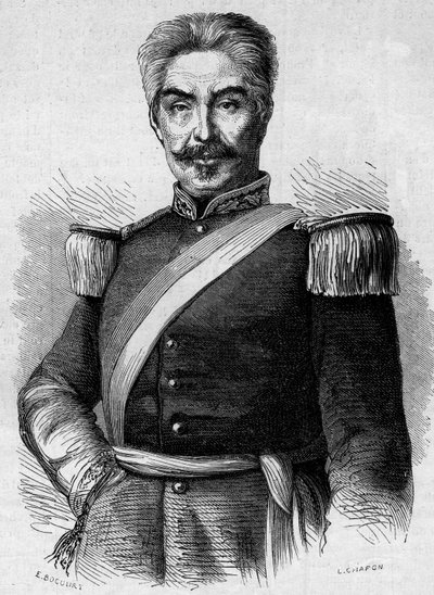 पेरू के राष्ट्रपति डॉन मिगुएल सैन रोमन (1803-1863) का पोर्ट्रेट। 30 मई 1863 के "" ले मोंडे इलस्ट्र्रे "" एन ° 320 में उत्कीर्णन। द्वारा फ्रेंच स्कूल