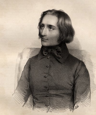 फ्रांज़ लिस्केट का चित्रण (1811-86) हंगेरियन पियानो गुण और संगीतकार द्वारा फ्रेंच स्कूल