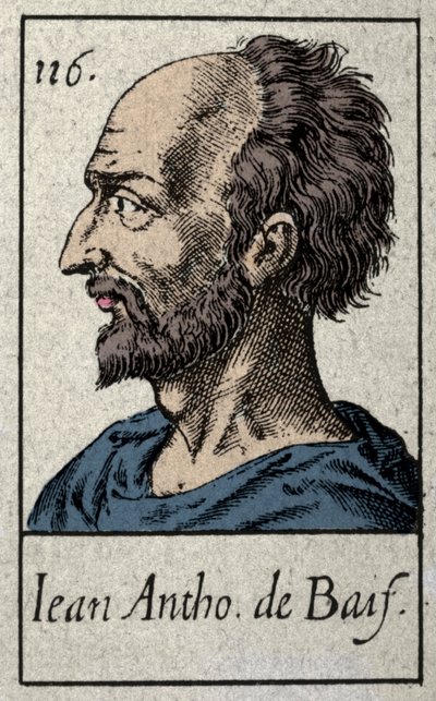 प्लीएड आंदोलन के फ्रांसीसी कवि सदस्य, जीन एंटोनी डी बाईफ (1532-1589) का पोर्ट्रेट। 19वीं सदी की नक्काशी। द्वारा फ्रेंच स्कूल