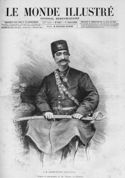 नासिर एड दीन (1831-1896), फारस के शाह (ईरान) का पोर्ट्रेट। इन्हें नसीरुद्दीन शाह, नसीर-अल-दीन शाह काजर, नासिर अल-दीन शाह काजर, नसीरुद्दीन शाह भी कहा जाता है। समाचार पत्र में से एक "" ले मोंडे इलस्ट्रे"" 27 जुलाई का नंबर 168787 द्वारा फ्रेंच स्कूल
