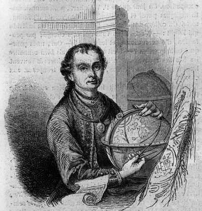 पियरे (पीटर) एनीच (1723-1766), टाइरोलियन खगोलशास्त्री और कार्टोग्राफर का पोर्ट्रेट, एक ग्लोब और एक कंपास पकड़े हुए। "" ले मैगासिन सुरम्य" में उत्कीर्णन द्वारा फ्रेंच स्कूल