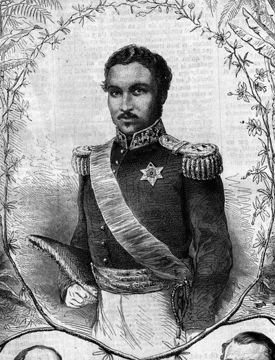 मेडागास्कर के राजा रादामा II (1829-1863) का पोर्ट्रेट। 31 मई 1862 के "" ले मोंडे इलस्ट्र्रे"" एन ° 268 में उत्कीर्णन। द्वारा फ्रेंच स्कूल