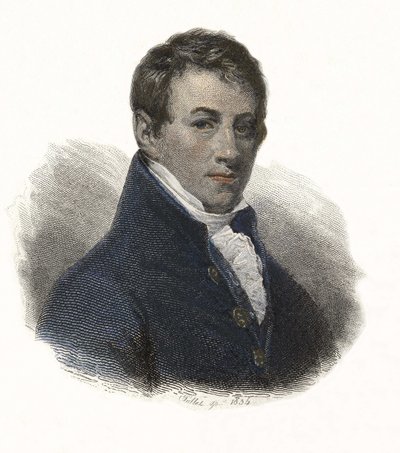 सर हम्फ्री डेवी (1778-1829), अंग्रेजी रसायनज्ञ और भौतिक विज्ञानी का पोर्ट्रेट। "पोर्ट्रेट डेस होम्स उपयोगी" में द्वारा फ्रेंच स्कूल