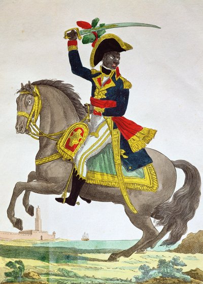 19 वीं शताब्दी की शुरुआत में घोड़े की पीठ पर टूसेंट लाउवर्चर (1743-1803) का चित्रांकन (रंग उत्कीर्णन) द्वारा फ्रेंच स्कूल