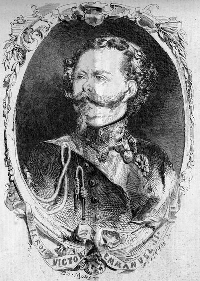 विक्टर इमैनुएल II (विटोरियो इमानुएल) (विक्टर-इमैनुएल) (1820-1878), सार्डिनिया के राजा और इटली के भावी राजा का पोर्ट्रेट। 5 फरवरी 1859 के "" ले मोंडे इलस्ट्र्रे "" एन ° 95 में उत्कीर्णन। द्वारा फ्रेंच स्कूल