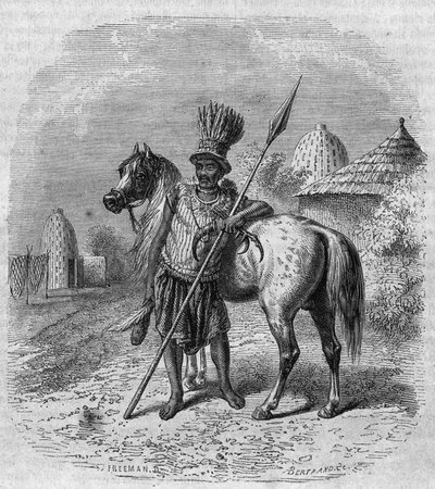 19वीं सदी के मध्य में मध्य अफ्रीका में मूसगौ जनजाति के एक नेता का पोर्ट्रेट। फ्रीमैन द्वारा उत्कीर्णन "" सुरम्य मैगासिन "" द्वारा फ्रेंच स्कूल