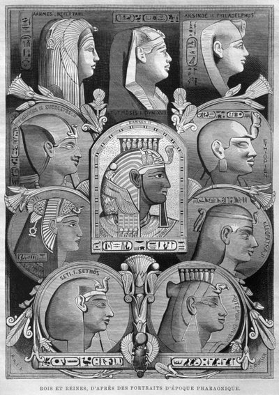 प्राचीन मिस्र के रानियों और राजाओं के चित्र, जॉर्ज मोरित्ज़ एबर्स (1837-98) के लिजीप से, 1881 (बीडब्ल्यू उत्कीर्णन) द्वारा फ्रेंच स्कूल