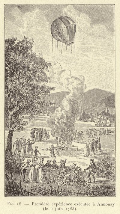 अन्नोने में किया गया पहला प्रयोग (5 जून, 1783) (उत्कीर्णन) द्वारा फ्रेंच स्कूल