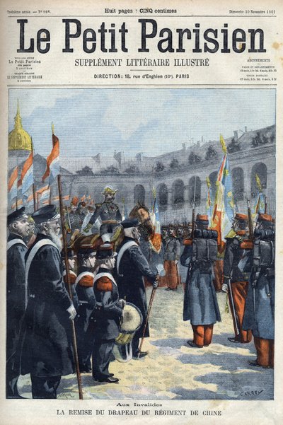 "ले पेटिट पेरिसियन"" 1901 (उत्कीर्णन) में पेरिस में इनवैलिड्स में जनरल अर्नौक्स गवर्नर को जनरल फॉरे बिगुएट (फौरे-बिगुएट) द्वारा चीन की रेजिमेंट के ध्वज की प्रस्तुति (उत्कीर्णन) द्वारा फ्रेंच स्कूल