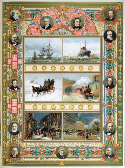 महारानी विक्टोरिया के शासनकाल के दौरान प्रगति (1819-1901)। नौकायन जहाज, स्टीम जहाज, स्टीम ट्रेन और गैस और इलेक्ट्रिक स्ट्रीट लाइटिंग, 1887 द्वारा फ्रेंच स्कूल