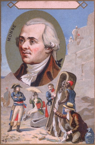 मिस्र के अभियान के दौरान नेपोलियन बोनापार्ट (1769-1821) को मम्मी को पेश करते हुए गैसपार्ड मोन्ग (1746-1818) को दर्शाते हुए प्रचार कार्ड, 19 वीं सदी के अंत में द्वारा फ्रेंच स्कूल