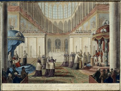 1801 के कॉनकॉर्डैट की घोषणा: 22वें जर्मिनल वर्ष 10, ईस्टर दिवस 8 अप्रैल 1802 को पेरिस के मेट्रोपॉलिटन चर्च में परम पावन की विरासत की उपस्थिति में, प्रथम कौंसल बोनापार्ट के हाथों फ्रांस के पादरी द्वारा शपथ ली गई। द्वारा फ्रेंच स्कूल