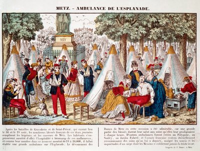 प्रशिया युद्ध: 1870 में मेट्ज़ (उत्कीर्णन) में घायलों के इलाज के लिए एस्प्लेनेड पर स्थापित एक एम्बुलेंस द्वारा फ्रेंच स्कूल
