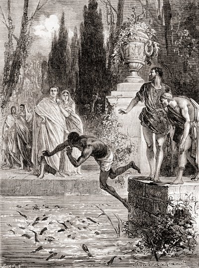 Publius Vedius Pollio, रोमन अश्वारोही, अपने दास को ईल से खिलाते हुए, लेस मर्विल्स डी ला साइंस, c.1870 प्रकाशित द्वारा फ्रेंच स्कूल
