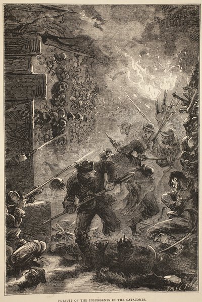 कैटाकॉम्ब्स में विद्रोहियों का पीछा, मई 1871, फ्रांस और जर्मनी के बीच युद्ध के कैसेल्स इतिहास का चित्रण, 1870-1871 द्वारा फ्रेंच स्कूल