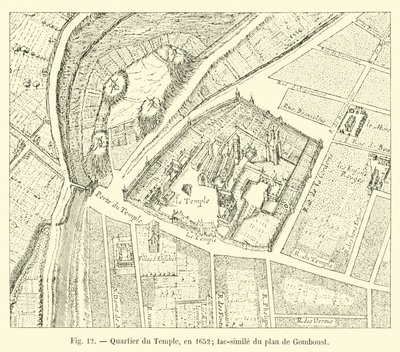 क्वार्टियर डु टेम्पल, 1652 में; गॉम्बवॉएड की योजना का नया स्वरूप द्वारा फ्रेंच स्कूल