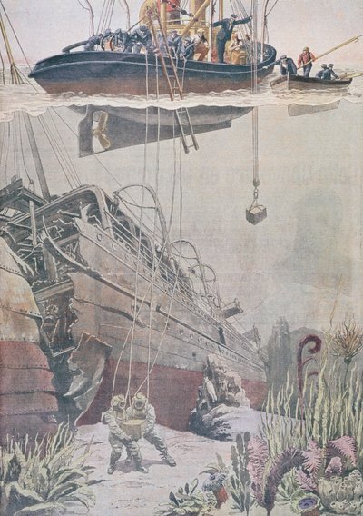 ओशिन के मलबे से खजाने की वसूली, ले पेटिट जर्नल, 1912 से चित्रण द्वारा फ्रेंच स्कूल