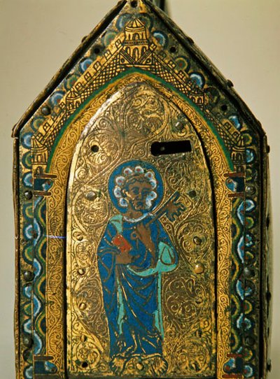 सेंट वेलेरिया, लिमोज के जीवन के दृश्यों के साथ अवशेष कास्केट, c.1175 (लकड़ी, तांबा और क्लोइज़न तामचीनी, उत्कीर्ण और सोने का पानी चढ़ा हुआ) द्वारा फ्रेंच स्कूल