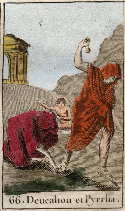 Deucalion और Pyrrha का प्रतिनिधित्व, मानव जाति को नष्ट करने के लिए ज़ीउस के कारण हुए जलप्रलय के बाद एकमात्र जीवित बचे। जलप्रलय के बाद थेमिस उन्हें अपनी माँ की हड्डियों (पृथ्वी के पत्थरों) को पीछे फेंककर सिर ढक कर चलने के लिए कहते हैं (रे द्वारा फ्रेंच स्कूल
