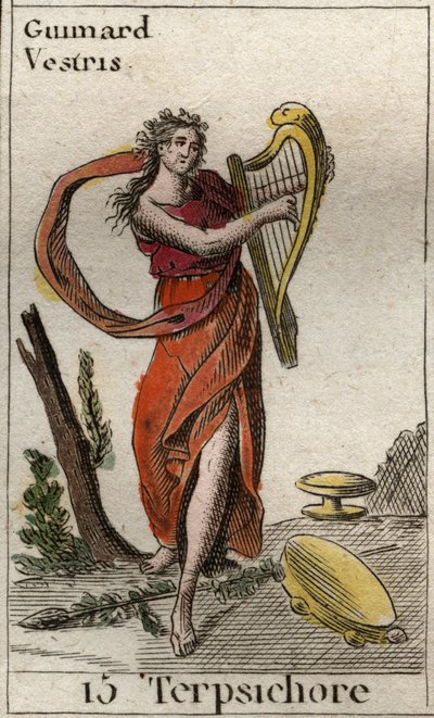 Terpsichore का प्रतिनिधित्व, नृत्य का संग्रह, वह गीत बजाती है (Terpsichore का प्रतिनिधित्व, नृत्य का संग्रहालय, एक गीत पकड़े हुए)। पियरे ब्लैंचर्ड 1803 द्वारा "माइथोलॉजी ऑफ यूथ" से। द्वारा फ्रेंच स्कूल