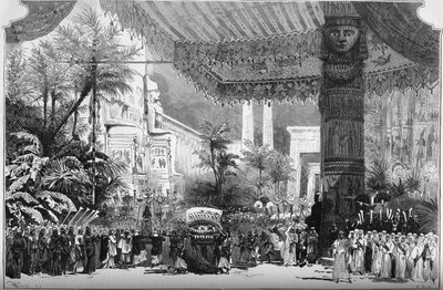 एक ओपेरा का प्रतिनिधित्व: Giuseppe Verdi (1813-1901) द्वारा "" ऐडा ""। थेब्स के द्वार पर एवेन्यू डेस स्फिंक्स (दूसरा पेंटिंग, दूसरा अधिनियम)। लवस्त्रे यंग की सजावट (जीन बैप्टिस्ट लवस्त्रे .) द्वारा फ्रेंच स्कूल