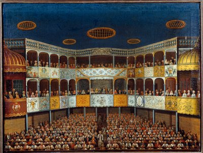 स्पेन में मिनोर्का थिएटर में जीन बैप्टिस्ट पॉक्वेलिन डिट मोलिरे (1622-1673) द्वारा "" इमेजिनरी मलाड "का प्रतिनिधित्व; हॉल और दर्शकों का दृश्य। 18वीं सदी की पेंटिंग। पेरिस, सजावटी कला द्वारा फ्रेंच स्कूल