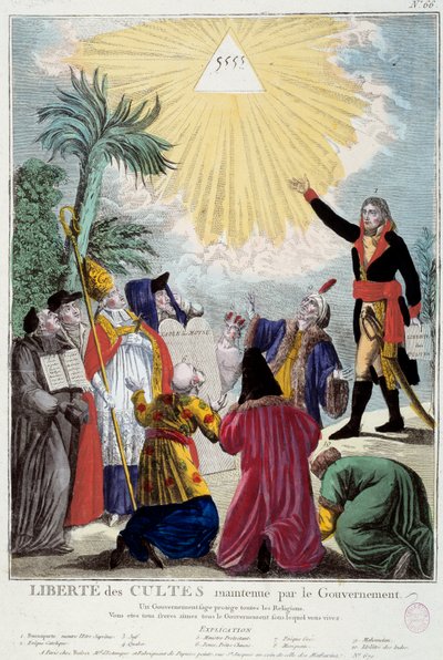नेपोलियन बोनापार्ट (1769-1821) द्वारा बनाए गए सभी धर्मों की पूजा की स्वतंत्रता का प्रतिनिधित्व: पहला कौंसल ट्रिनिटी के त्रिकोण को इंगित करता है जो प्रत्येक धर्म के प्रतिनिधियों द्वारा आने वाले भगवान का प्रतीक है: कैथोलिक ईव, एक यहूदी, एक क्वेकर, द्वारा फ्रेंच स्कूल