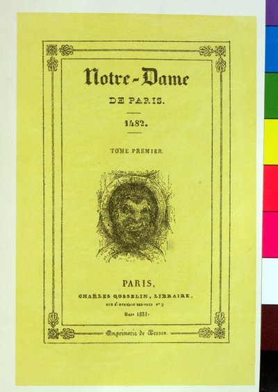 विक्टर ह्यूगो (1802-85) द्वारा Notre-Dame de Paris के पहले संस्करण के फ्रंट कवर का पुनरुत्पादन 1930 में द्वारा फ्रेंच स्कूल