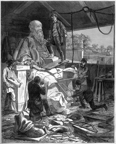 1878 में पेरिस में विश्व प्रदर्शनी की तैयारी के लिए वाहिनी-विधायिका (नेशनल असेंबली या पालिस बॉर्बन) की मूर्तियों की बहाली। रेस्टोररेटर्स मिशेल डी ल'हॉस्पिटल (लगभग 1504-1573) की प्रतिमा की देखभाल करते हैं। "" ले मोंडो में उत्कीर्णन द्वारा फ्रेंच स्कूल