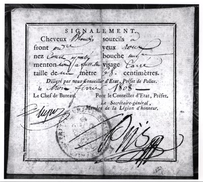 सुरक्षा कार्ड का उल्टा हिस्सा, 1808 (कागज पर पेन और स्याही) द्वारा फ्रेंच स्कूल