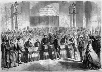 रिसोर्गिमेंटो, नेपल्स, 21 अक्टूबर 1860: शहर को इटली के राज्य से जोड़ने पर सेंट फ्रेंकोइस डी पौले के चर्च में आबादी का वोट। 17 नवंबर 1860 के "" ले मोंडे इलस्ट्र्रे"" एन ° 188 में उत्कीर्णन। द्वारा फ्रेंच स्कूल