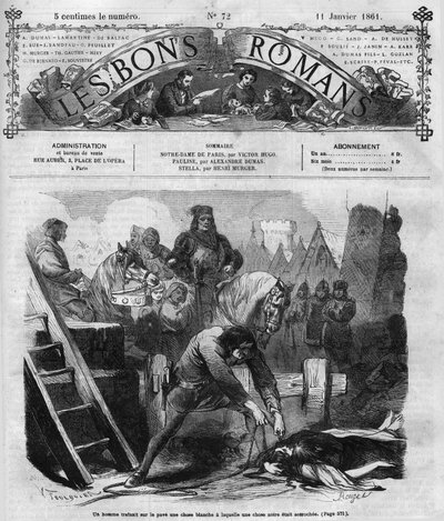 रोमन धारावाहिक: विक्टर ह्यूगो (1802-1885) द्वारा "" नोट्रे डेम डे पेरिस ""। एक आदमी दो महिलाओं को फुटपाथ पर ले जाता है। "" लेस बोन्स रोमांस "" में उत्कीर्णन द्वारा फ्रेंच स्कूल