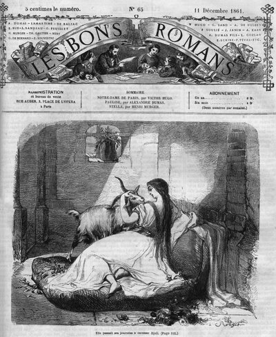 रोमन धारावाहिक: विक्टर ह्यूगो (1802-1885) द्वारा "" नोट्रे डेम डे पेरिस ""। एस्मेराल्डा और बकरी। "" लेस बोन्स रोमांस "" में उत्कीर्णन द्वारा फ्रेंच स्कूल