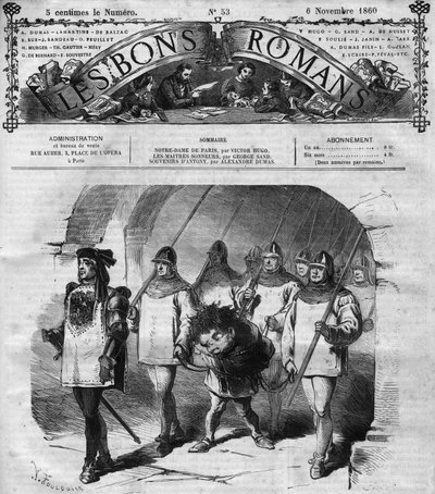 रोमन धारावाहिक: विक्टर ह्यूगो (1802-1885) द्वारा "" नोट्रे डेम डे पेरिस ""। कासिमोडो की गिरफ्तारी। "" लेस बोन्स रोमांस "" में उत्कीर्णन द्वारा फ्रेंच स्कूल