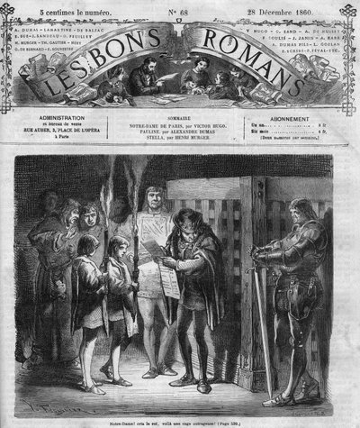 रोमन धारावाहिक: विक्टर ह्यूगो (1802-1885) द्वारा "" नोट्रे डेम डे पेरिस ""। राजा पिंजरे का निरीक्षण करता है। "" लेस बोन्स रोमांस "" में उत्कीर्णन द्वारा फ्रेंच स्कूल
